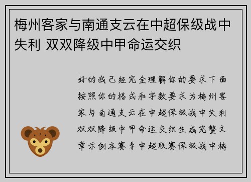 梅州客家与南通支云在中超保级战中失利 双双降级中甲命运交织